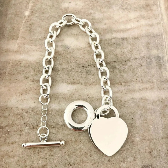 925 Sterling Silver Bead Heart Toggle Bracelet Chunky Thick Bold Link Bracelet - Picture 2 of 3